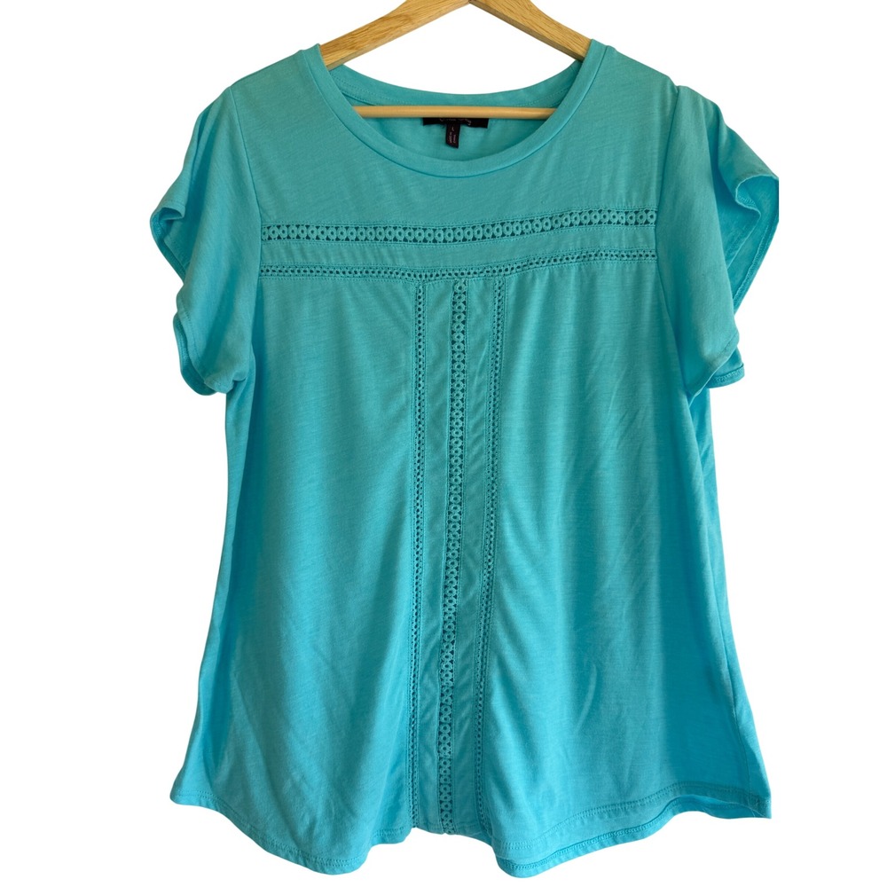 Olivia Sky Womens Turquoise Blue Crochet Lace Trim Flutter Sleeve Top ME229 L